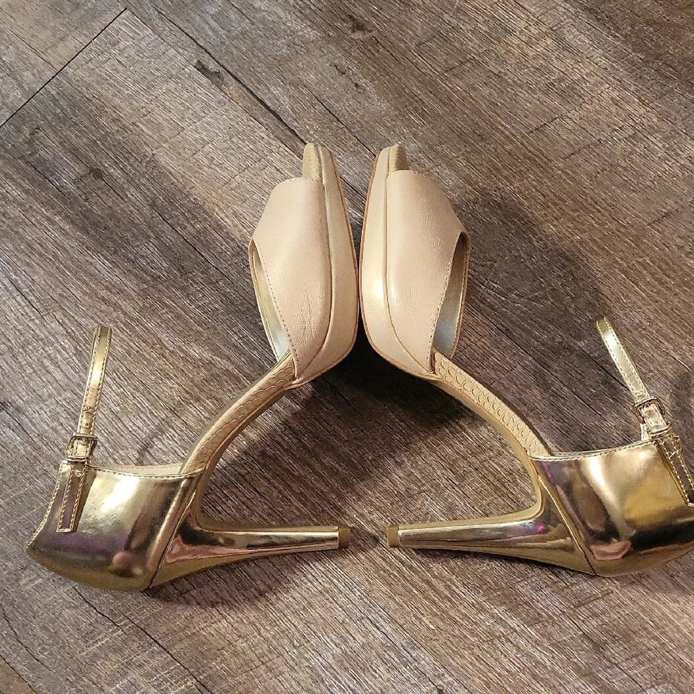 Anne Klein Gold and Cream Peep-Toe Heels - Picture 2 of 8